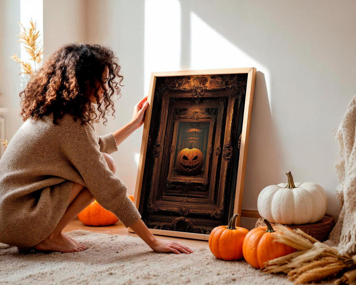 Pumpkin Framed Art Print – vintage Halloween wall decor, classic autumn pumpkin poster for cozy seasonal home