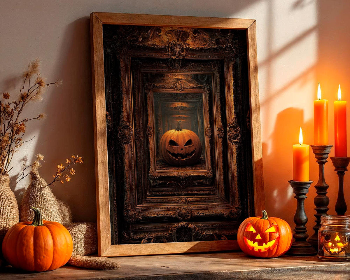 Pumpkin Framed Art Print – vintage Halloween wall decor, classic autumn pumpkin poster for cozy seasonal home