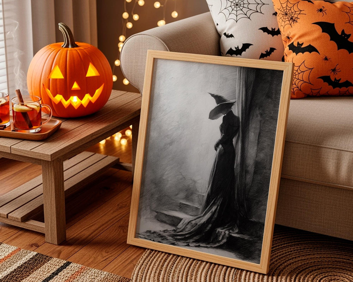 Black and White Witch Poster – Spooky Halloween wall art of a witch leaning against a tree, eerie forest scene, gothic s