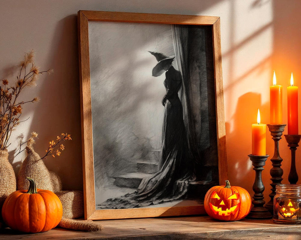 Black and White Witch Poster – Spooky Halloween wall art of a witch leaning against a tree, eerie forest scene, gothic s