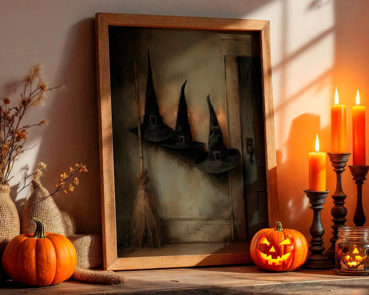 Victorian Witch Hats and Brooms Halloween Poster, Dark Gothic halloween art print wall decor poster, witch hats art