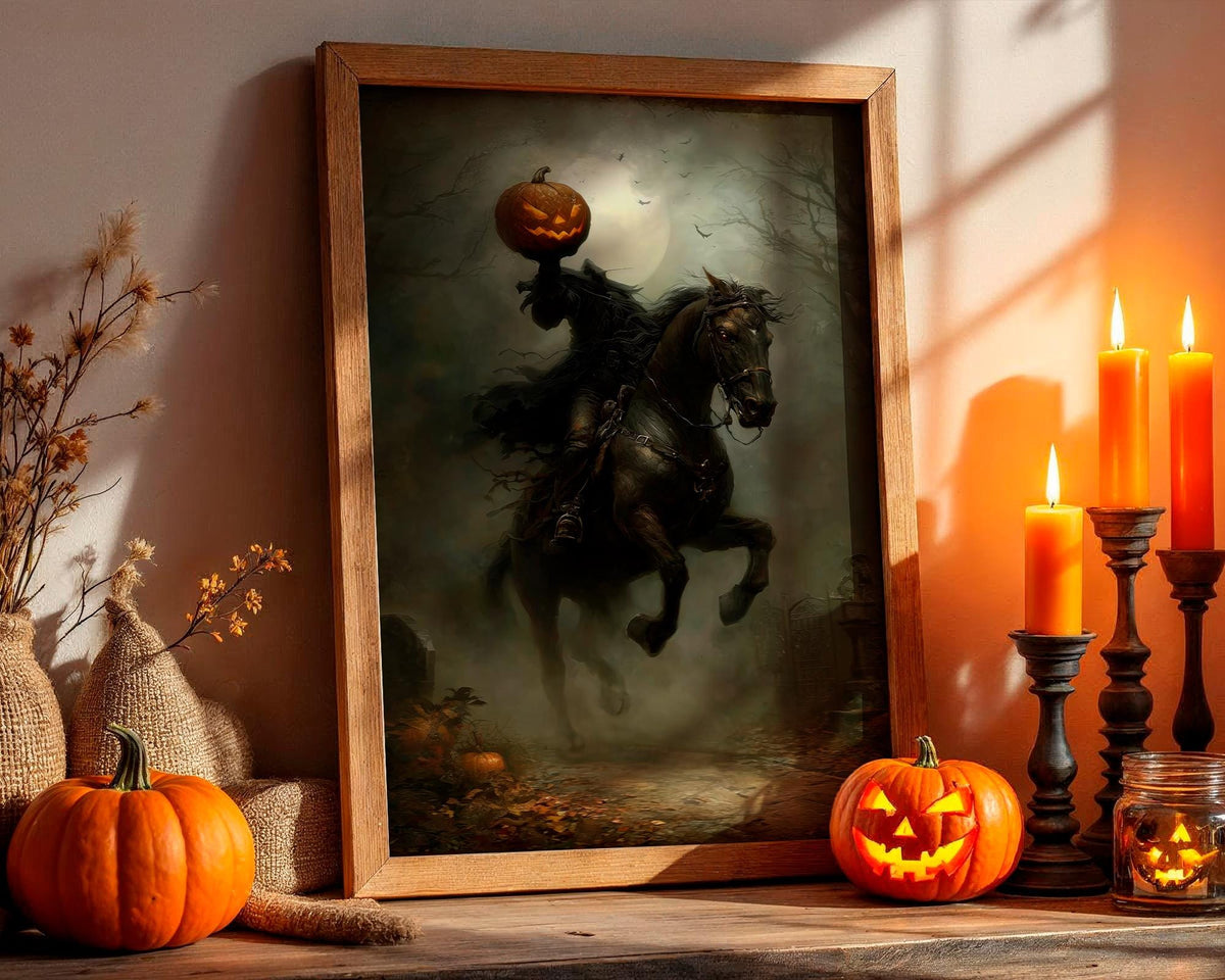 Headless Horseman Halloween Print, Pumpkin in Hand Riding Through Autumn Forest Poster, Dark Fantasy Gift, dark cottagec