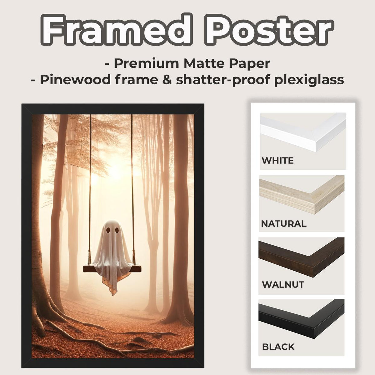 Ghost Swing Art Print – spooky whimsical poster of ghost swinging in forest, perfect Halloween decor, gothic wall art, d
