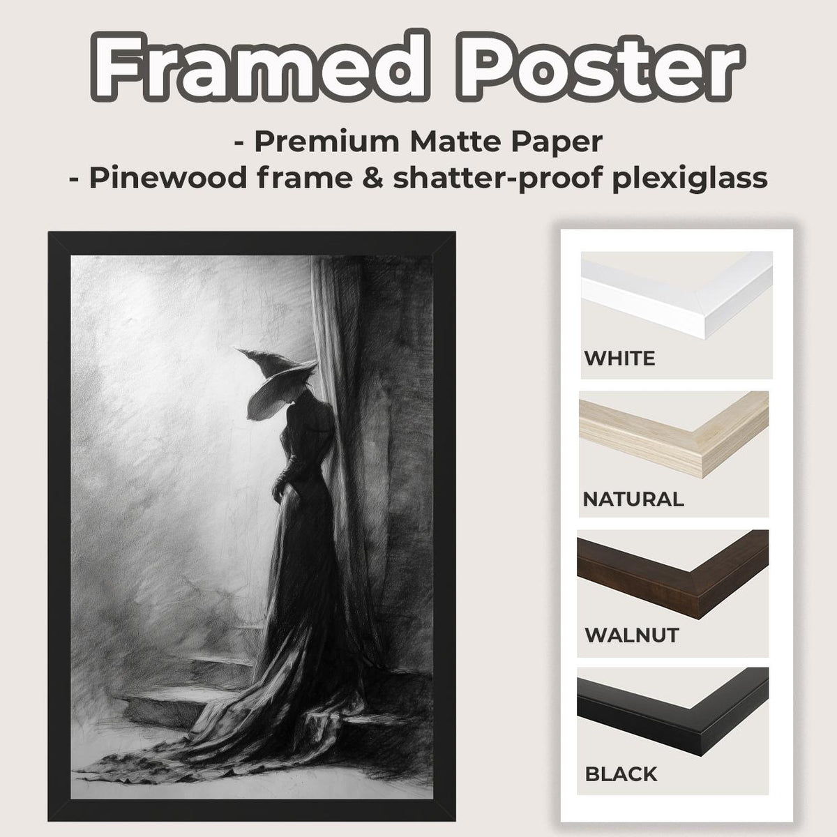 Black and White Witch Poster – Spooky Halloween wall art of a witch leaning against a tree, eerie forest scene, gothic s