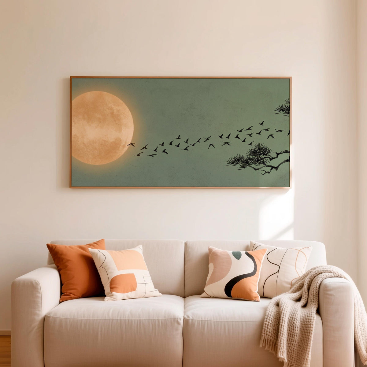Japandi Flying Birds Framed Canvas Art, Sage Green Full Moon Wall Decor, Large Horizontal Print for Living Room,  ART366