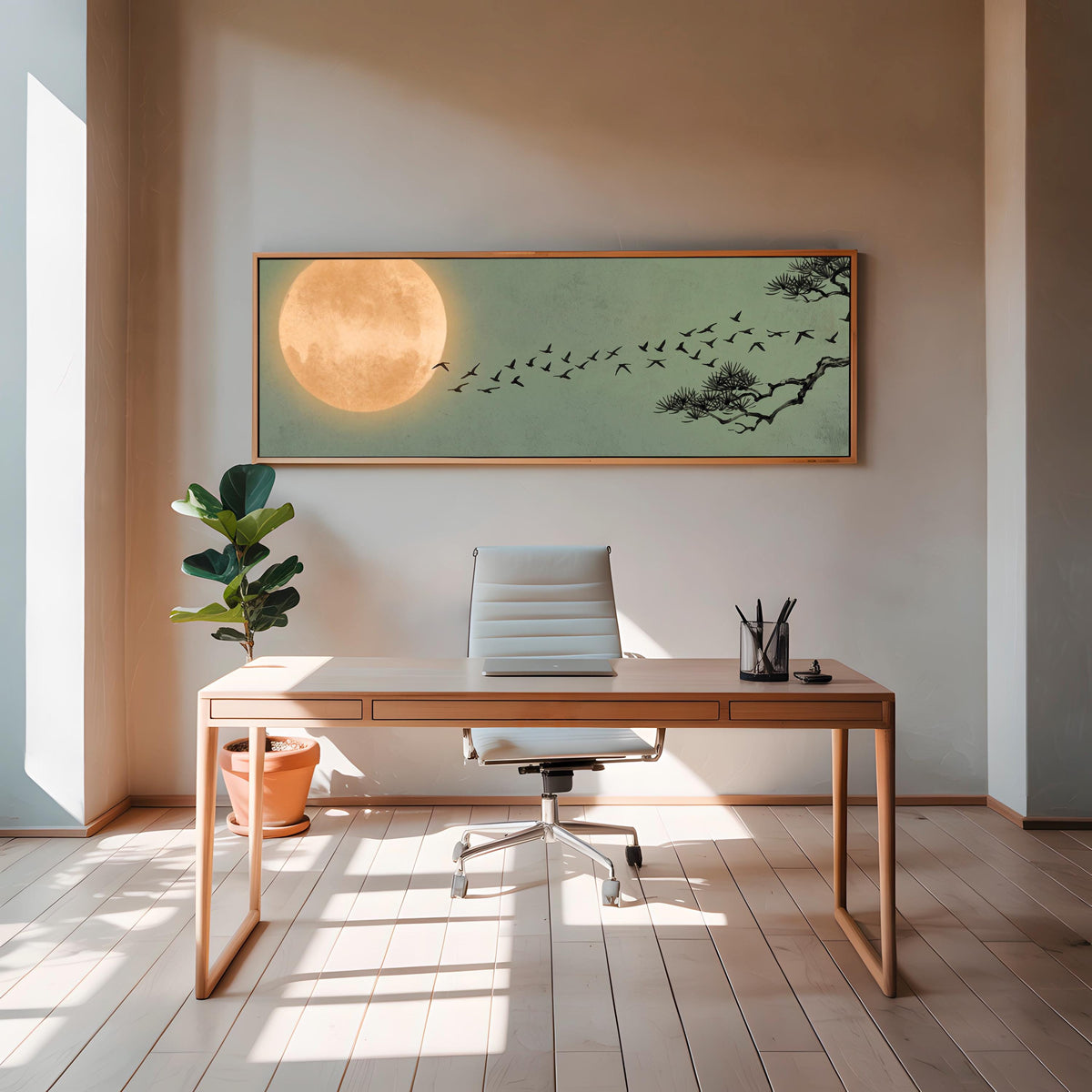 Japandi Flying Birds Framed Canvas Art, Sage Green Full Moon Wall Decor, Large Horizontal Print for Living Room,  ART366