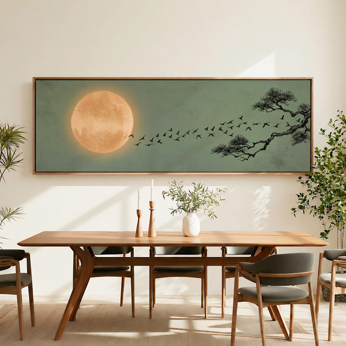Japandi Flying Birds Framed Canvas Art, Sage Green Full Moon Wall Decor, Large Horizontal Print for Living Room,  ART366