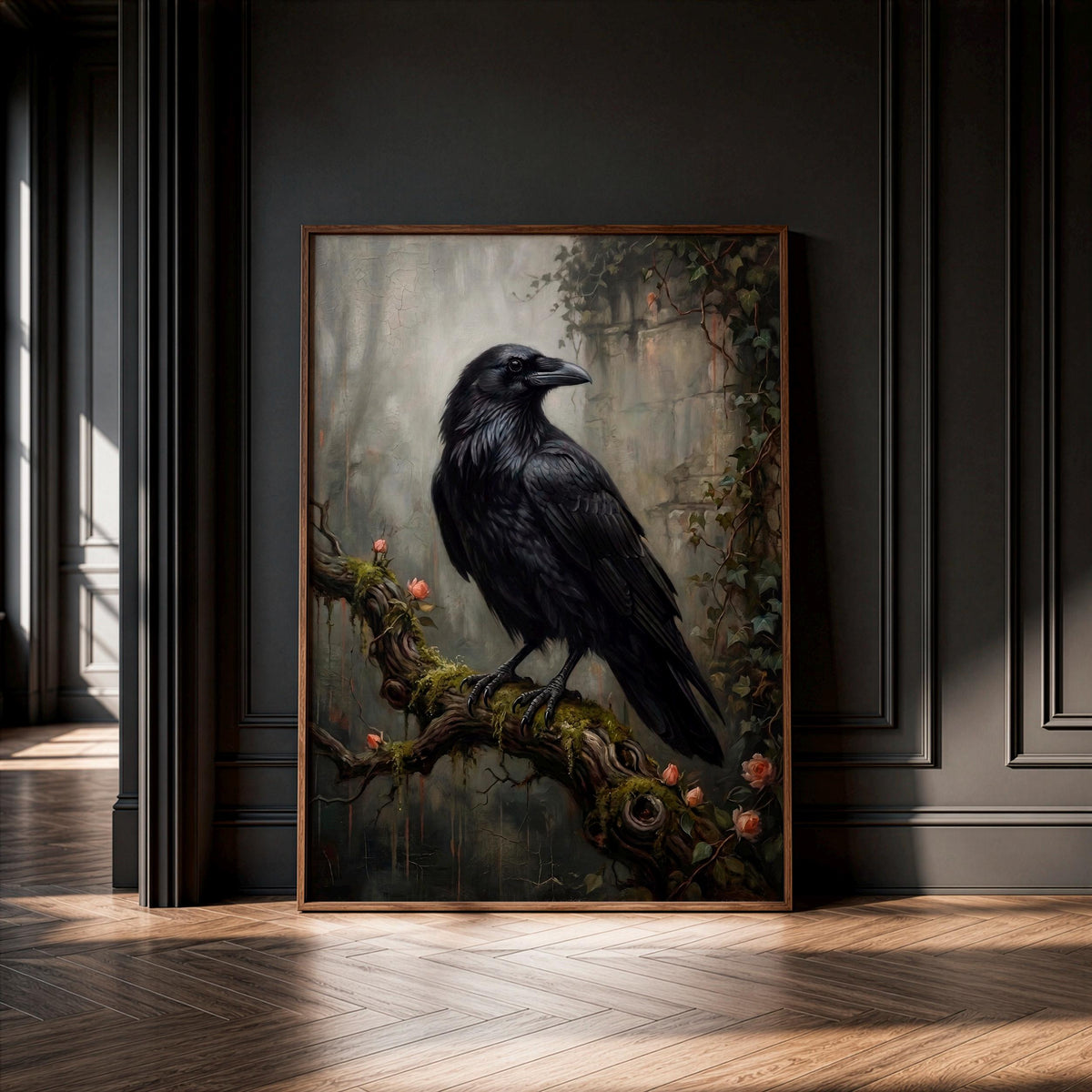 Raven on Branch Canvas Poster, Dark Academia Wall Art, Gothic Crow Print, Moody Black Bird Decor for Bedroom and Office 