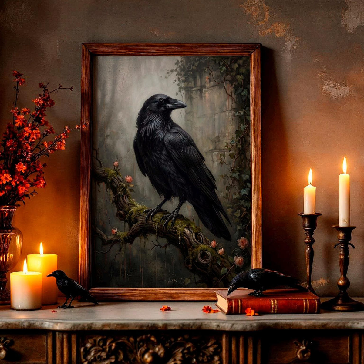 Raven on Branch Canvas Poster, Dark Academia Wall Art, Gothic Crow Print, Moody Black Bird Decor for Bedroom and Office 
