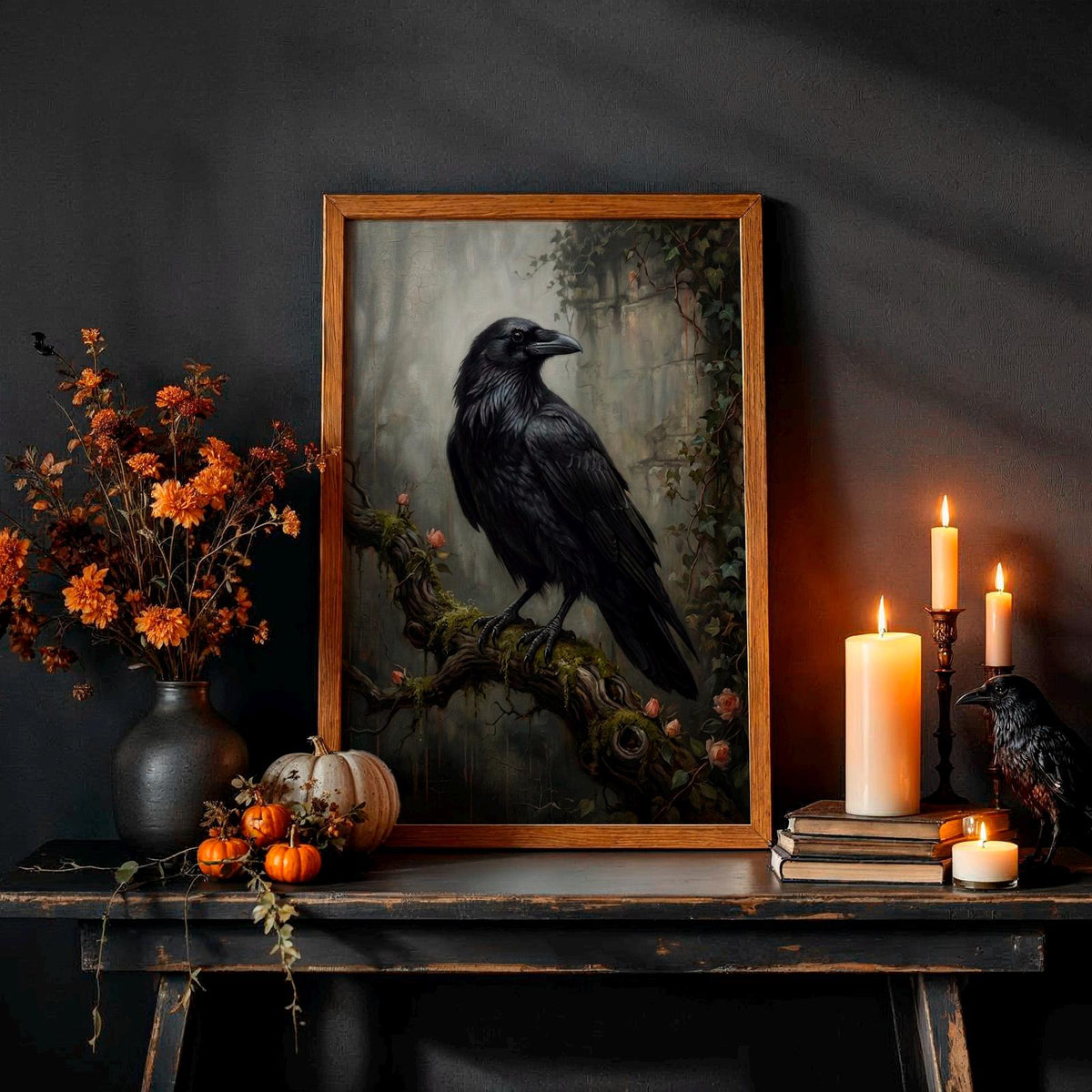 Raven on Branch Canvas Poster, Dark Academia Wall Art, Gothic Crow Print, Moody Black Bird Decor for Bedroom and Office 