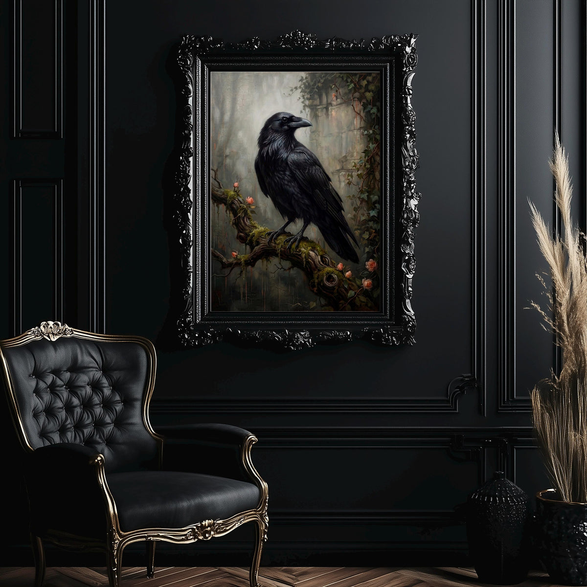 Raven on Branch Canvas Poster, Dark Academia Wall Art, Gothic Crow Print, Moody Black Bird Decor for Bedroom and Office 