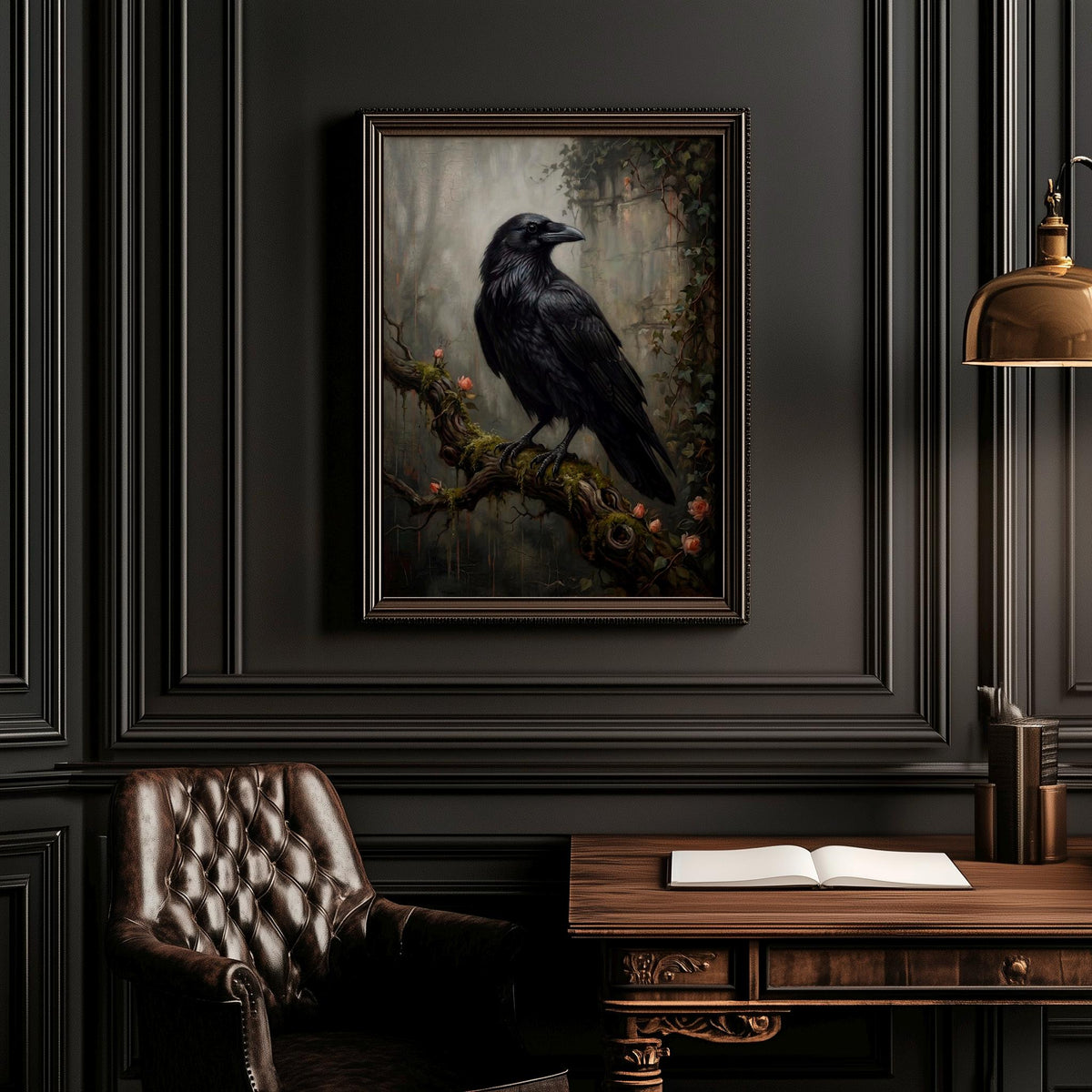 Raven on Branch Canvas Poster, Dark Academia Wall Art, Gothic Crow Print, Moody Black Bird Decor for Bedroom and Office 