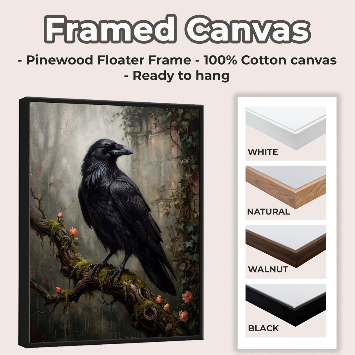 Raven on Branch Canvas Poster, Dark Academia Wall Art, Gothic Crow Print, Moody Black Bird Decor for Bedroom and Office 