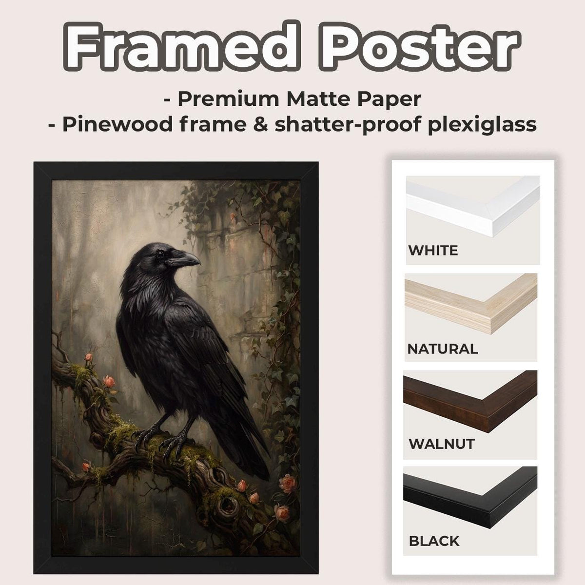 Raven on Branch Canvas Poster, Dark Academia Wall Art, Gothic Crow Print, Moody Black Bird Decor for Bedroom and Office 