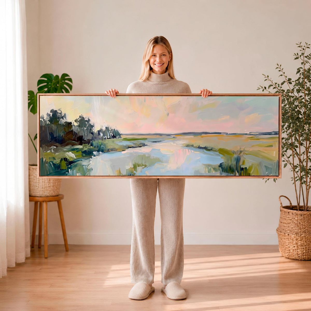 Lowcountry Marsh Framed Canvas Print, Horizontal Large Abstract Wall Art for Living Room, Pastel Sunset Decor,  ART564