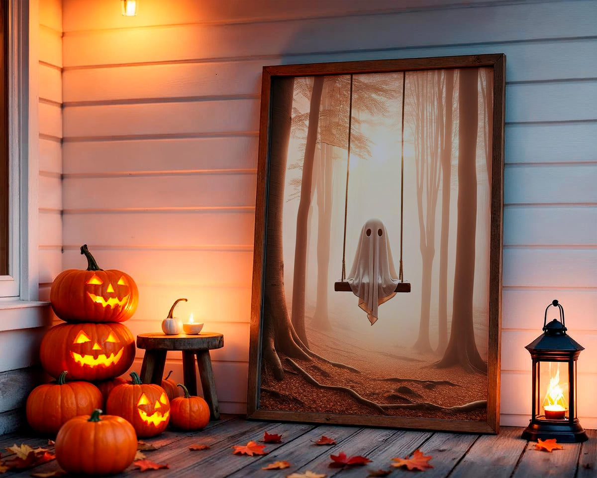 Ghost Swing Art Print – spooky whimsical poster of ghost swinging in forest, perfect Halloween decor, gothic wall art, d