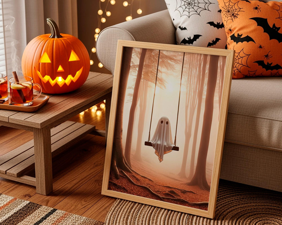 Ghost Swing Art Print – spooky whimsical poster of ghost swinging in forest, perfect Halloween decor, gothic wall art, d