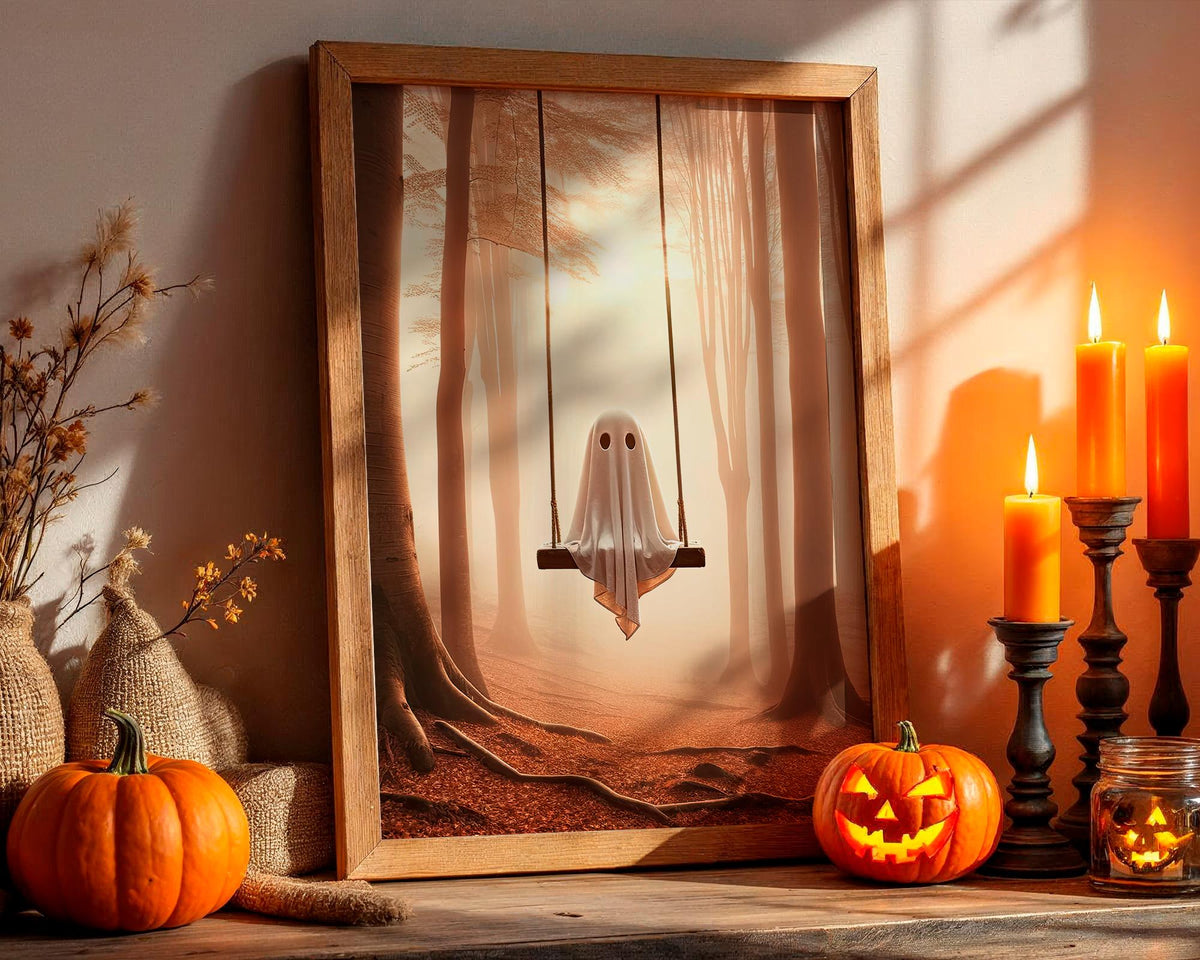 Ghost Swing Art Print – spooky whimsical poster of ghost swinging in forest, perfect Halloween decor, gothic wall art, d