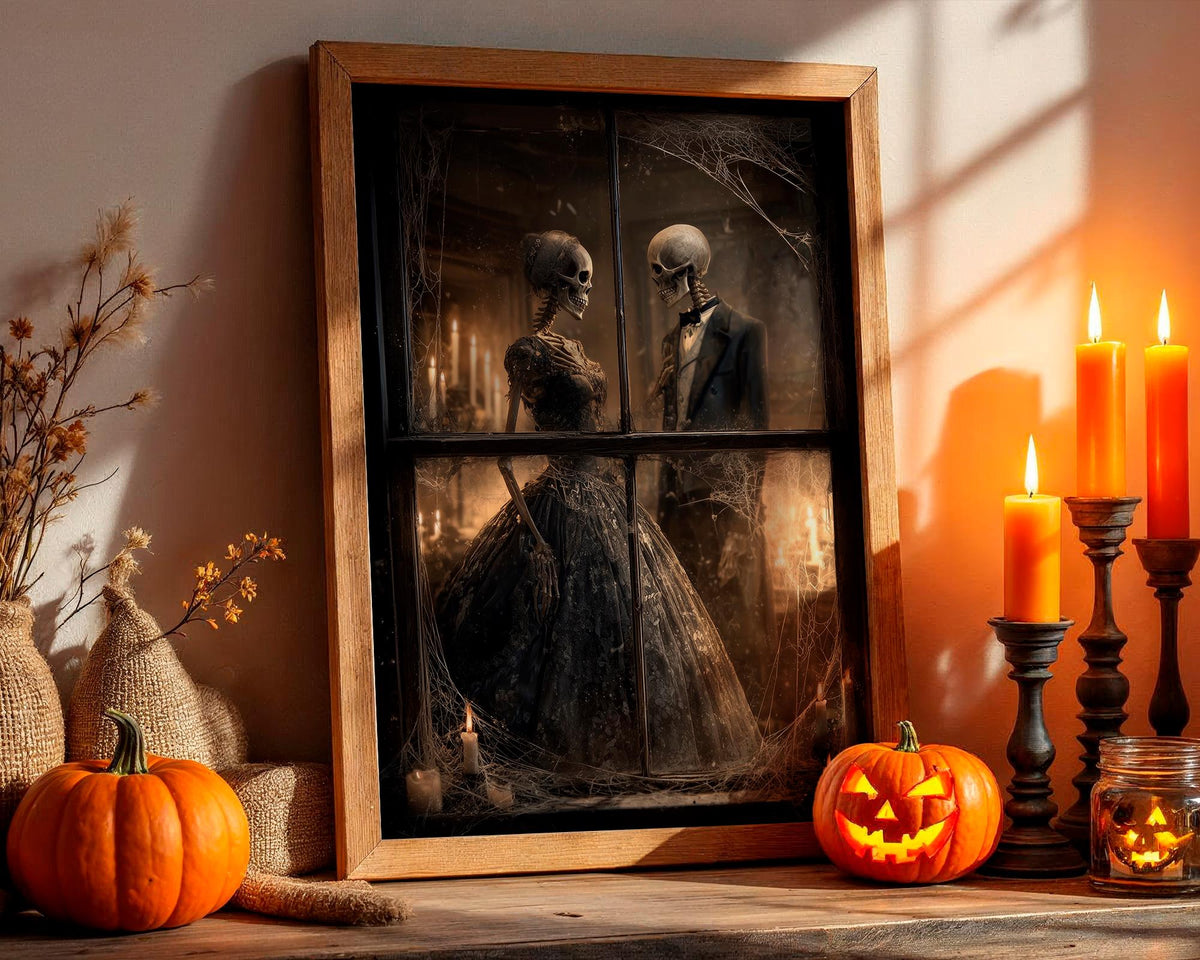Dark Gothic Skeleton Couple Poster, Victorian Dance Wall Art Print, Halloween Gift for Gothic Lovers, Halloween Wall Art