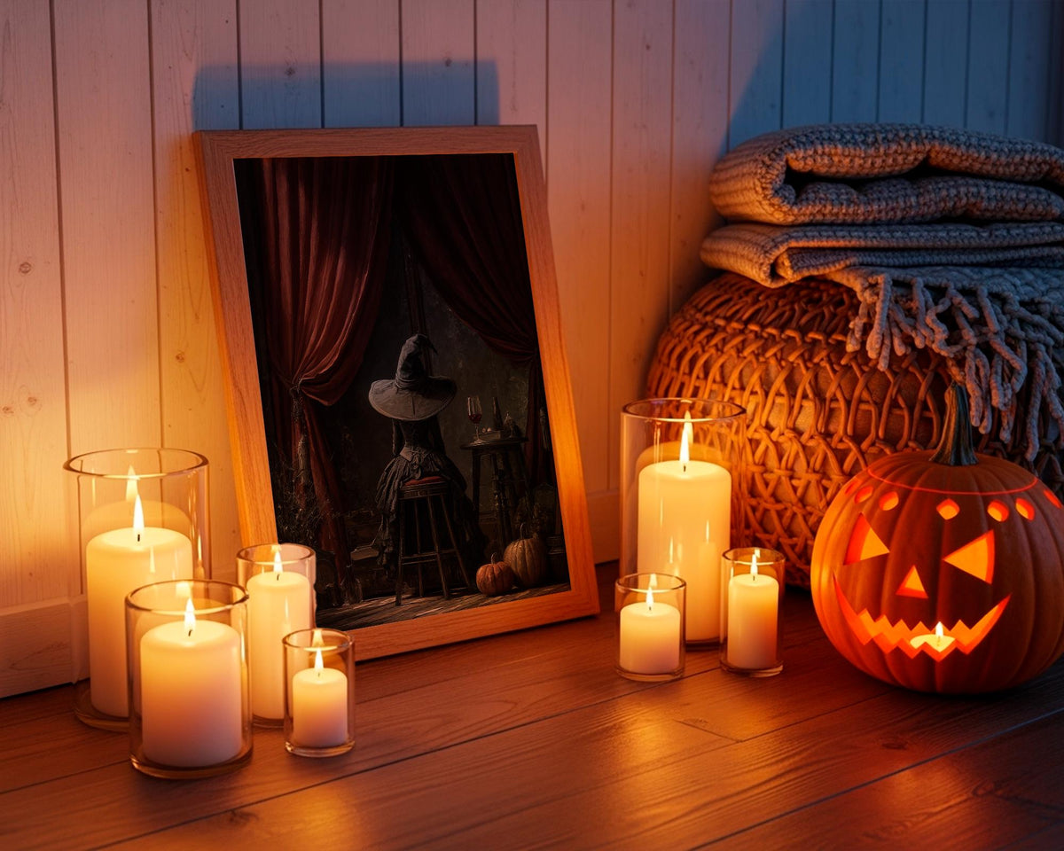 Witch Sitting Poster – Mystical Halloween wall art of a witch seen from behind, magical gothic print for cozy autumn hom
