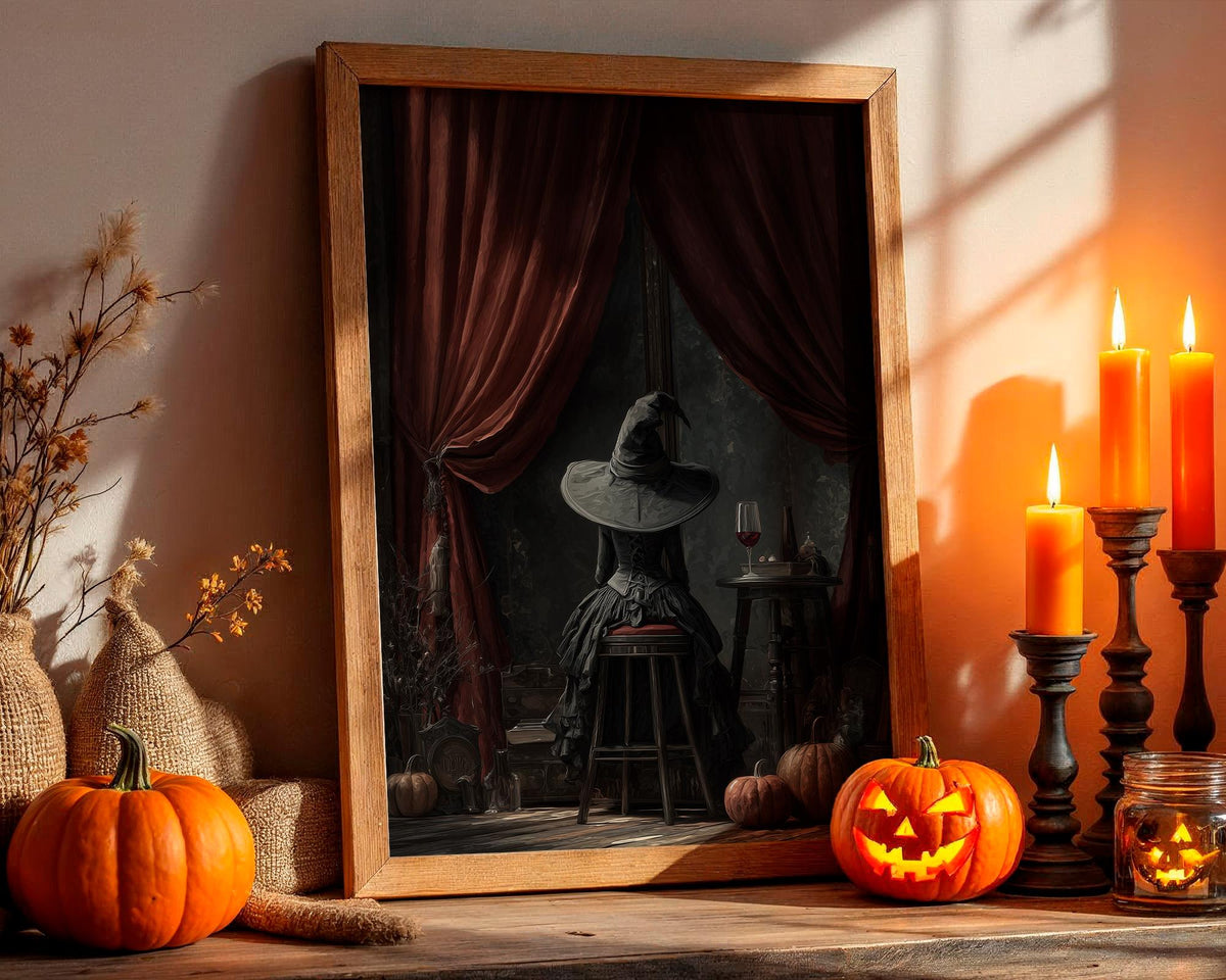 Witch Sitting Poster – Mystical Halloween wall art of a witch seen from behind, magical gothic print for cozy autumn hom