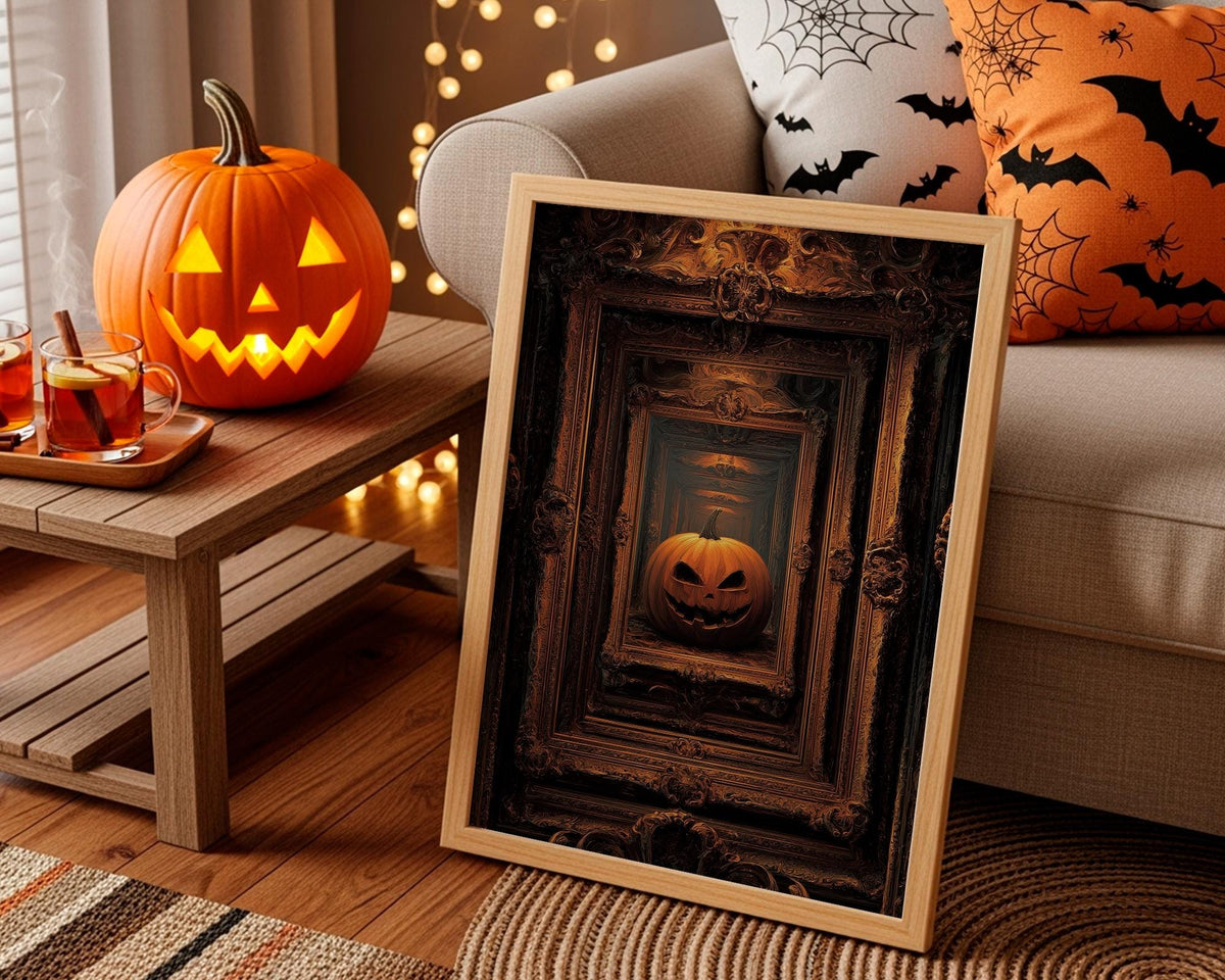 Pumpkin Framed Art Print – vintage Halloween wall decor, classic autumn pumpkin poster for cozy seasonal home