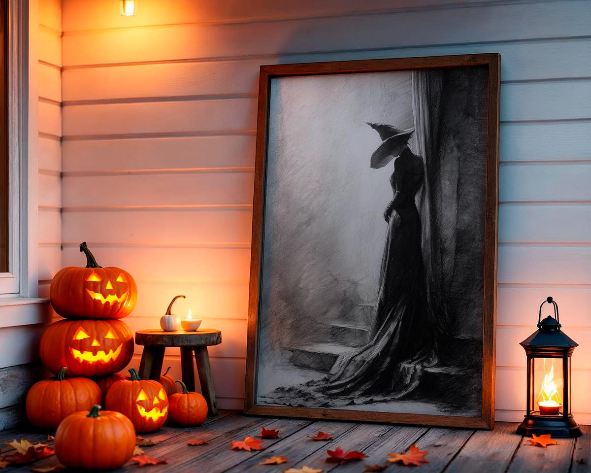 Black and White Witch Poster – Spooky Halloween wall art of a witch leaning against a tree, eerie forest scene, gothic s