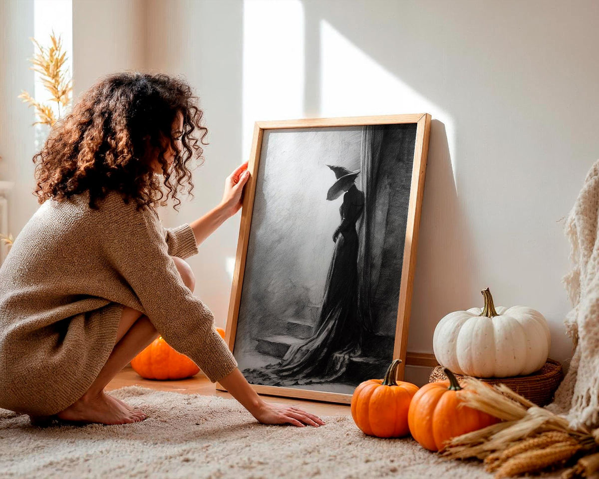 Black and White Witch Poster – Spooky Halloween wall art of a witch leaning against a tree, eerie forest scene, gothic s