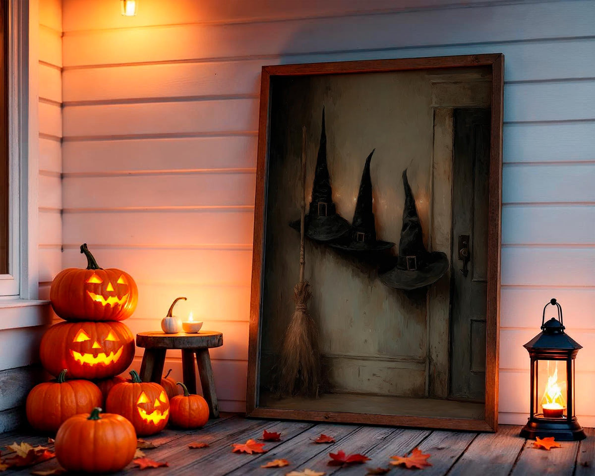 Victorian Witch Hats and Brooms Halloween Poster, Dark Gothic halloween art print wall decor poster, witch hats art