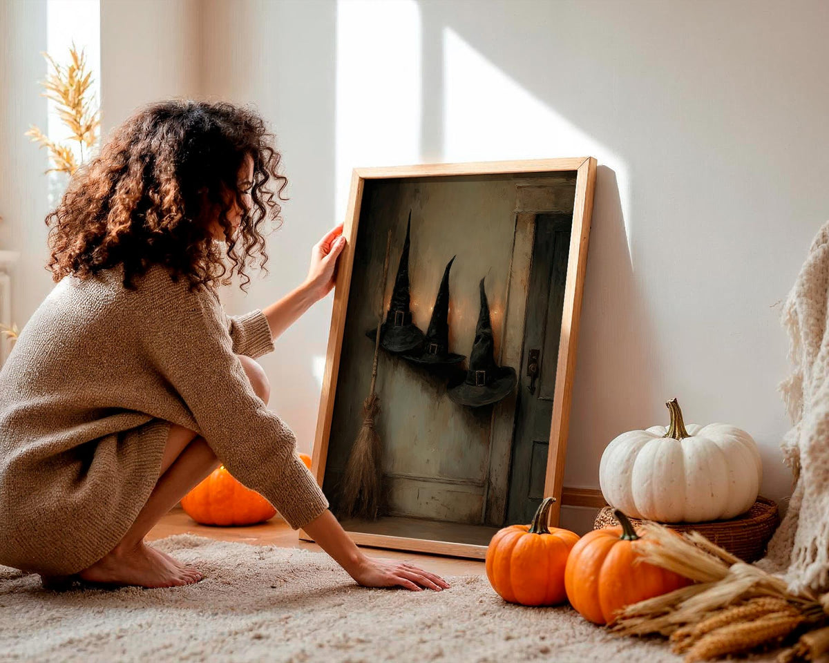 Victorian Witch Hats and Brooms Halloween Poster, Dark Gothic halloween art print wall decor poster, witch hats art