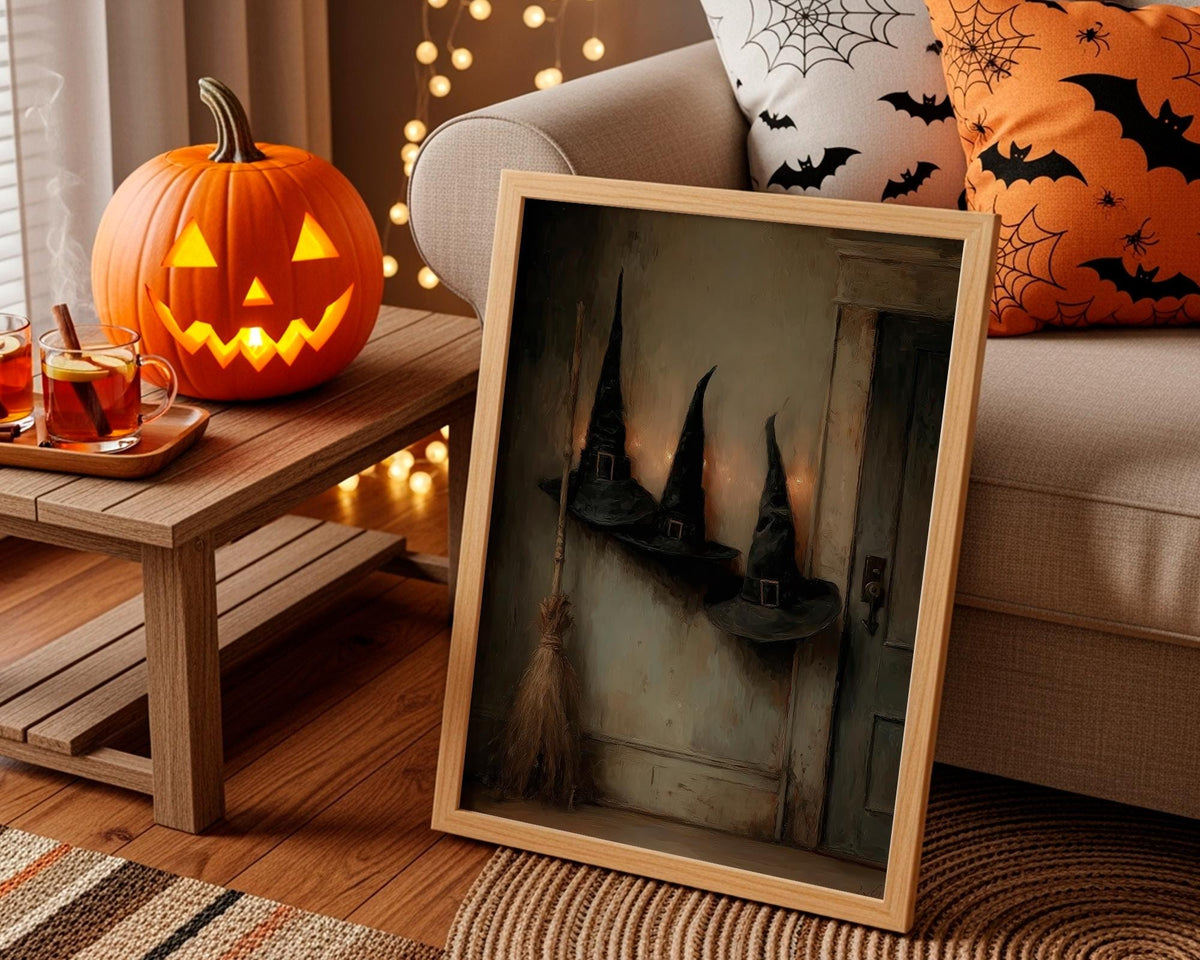 Victorian Witch Hats and Brooms Halloween Poster, Dark Gothic halloween art print wall decor poster, witch hats art