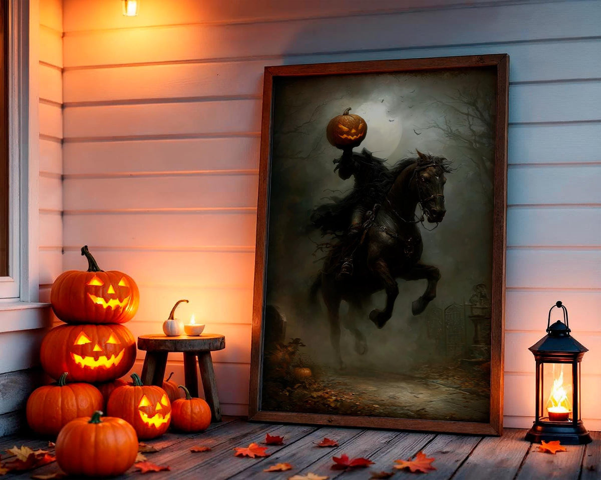 Headless Horseman Halloween Print, Pumpkin in Hand Riding Through Autumn Forest Poster, Dark Fantasy Gift, dark cottagec