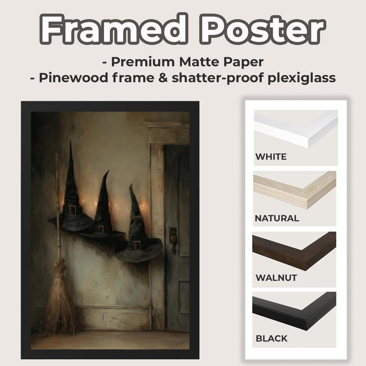 Victorian Witch Hats and Brooms Halloween Poster, Dark Gothic halloween art print wall decor poster, witch hats art