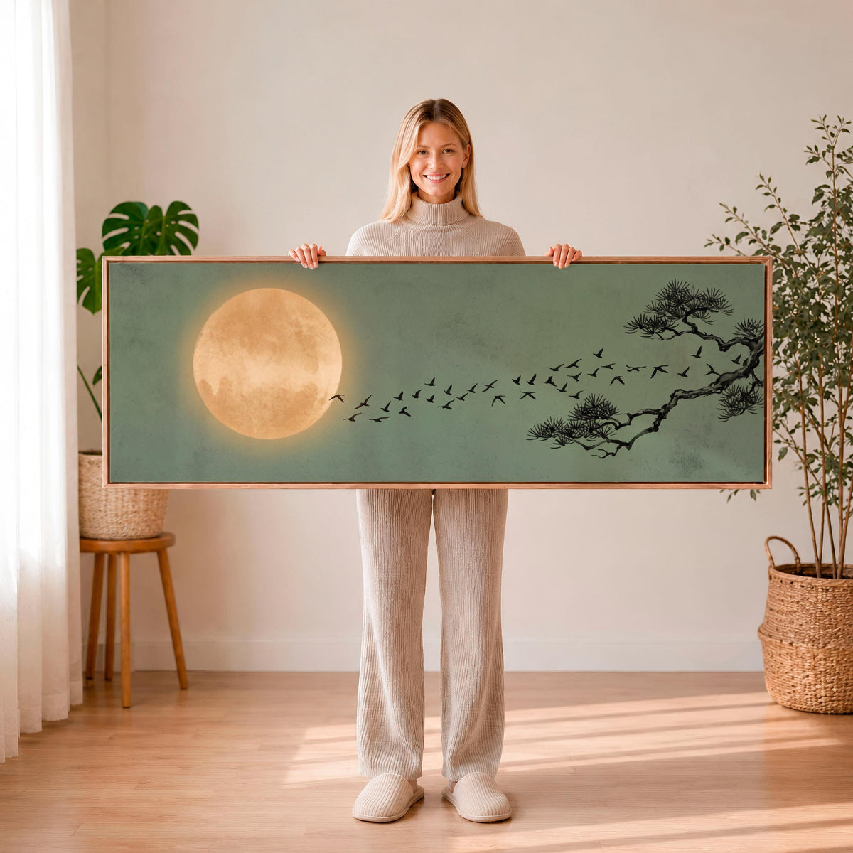 Japandi Flying Birds Framed Canvas Art, Sage Green Full Moon Wall Decor, Large Horizontal Print for Living Room,  ART366