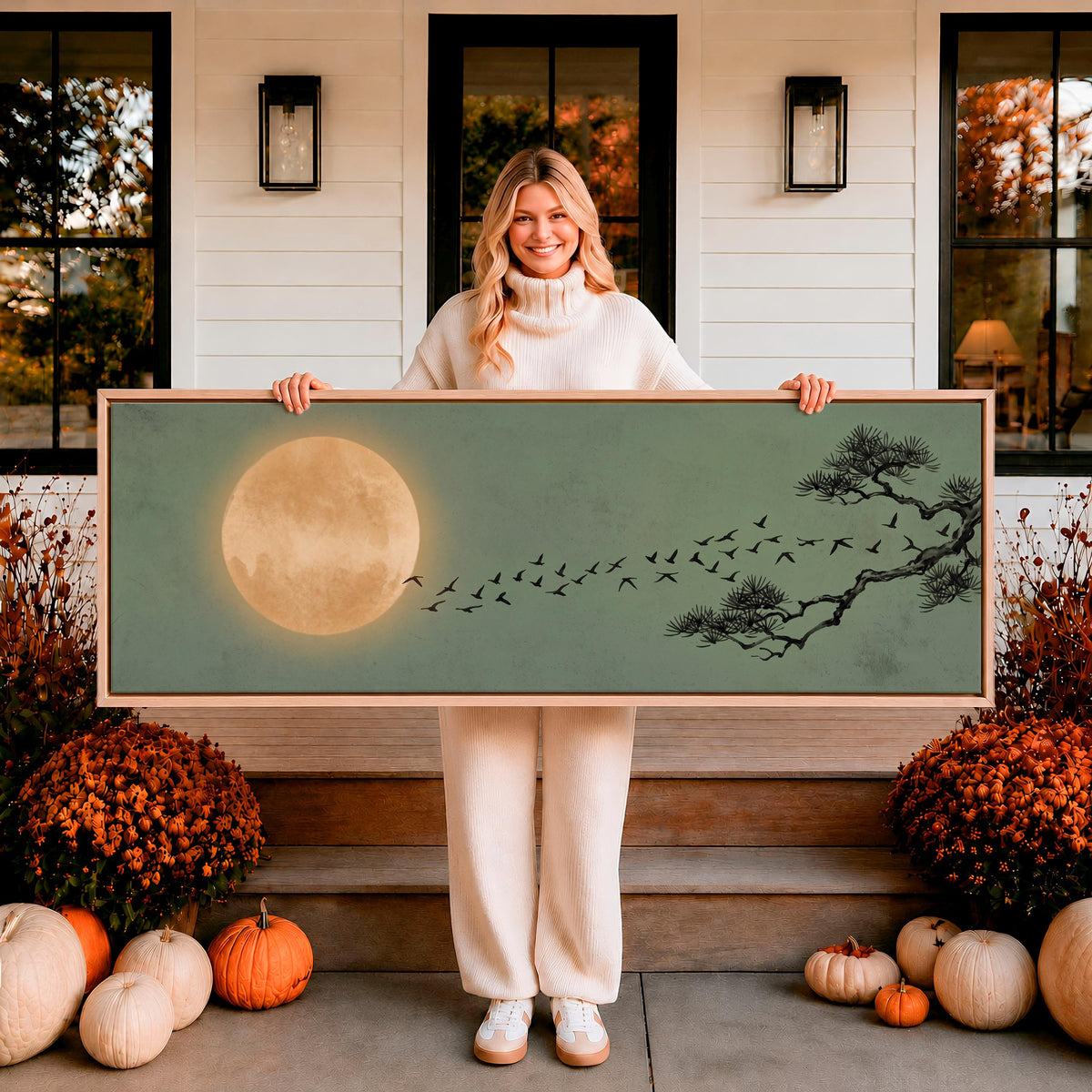 Japandi Flying Birds Framed Canvas Art, Sage Green Full Moon Wall Decor, Large Horizontal Print for Living Room,  ART366