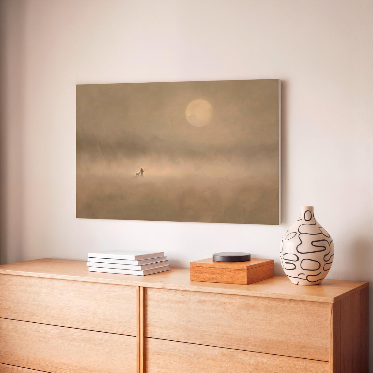 Jesus And Sheep Wall Art, Large Framed Minimalist Christian Canvas Print, Pastoral Abstract Landscape In Soft Neutrals C