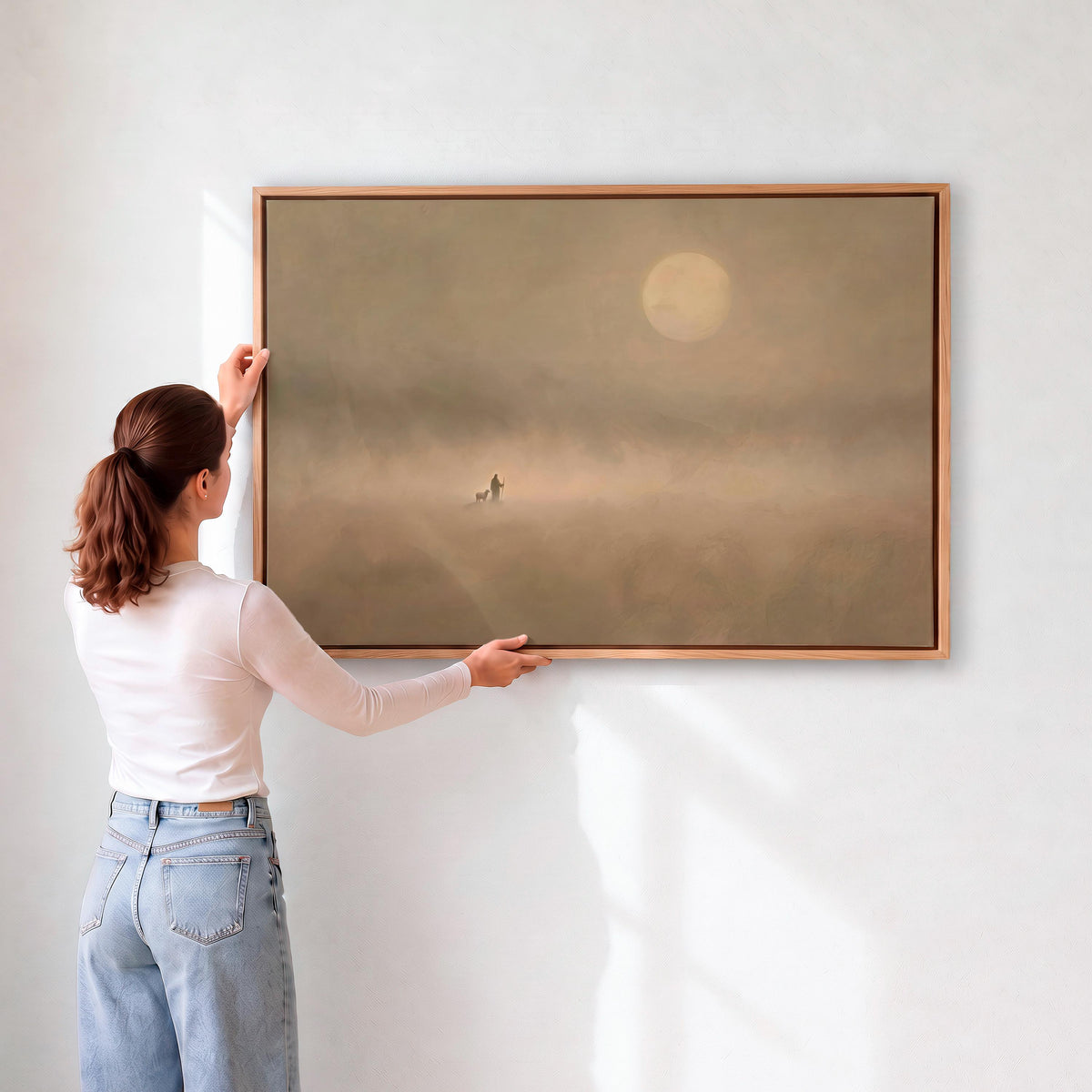 Jesus And Sheep Wall Art, Large Framed Minimalist Christian Canvas Print, Pastoral Abstract Landscape In Soft Neutrals C