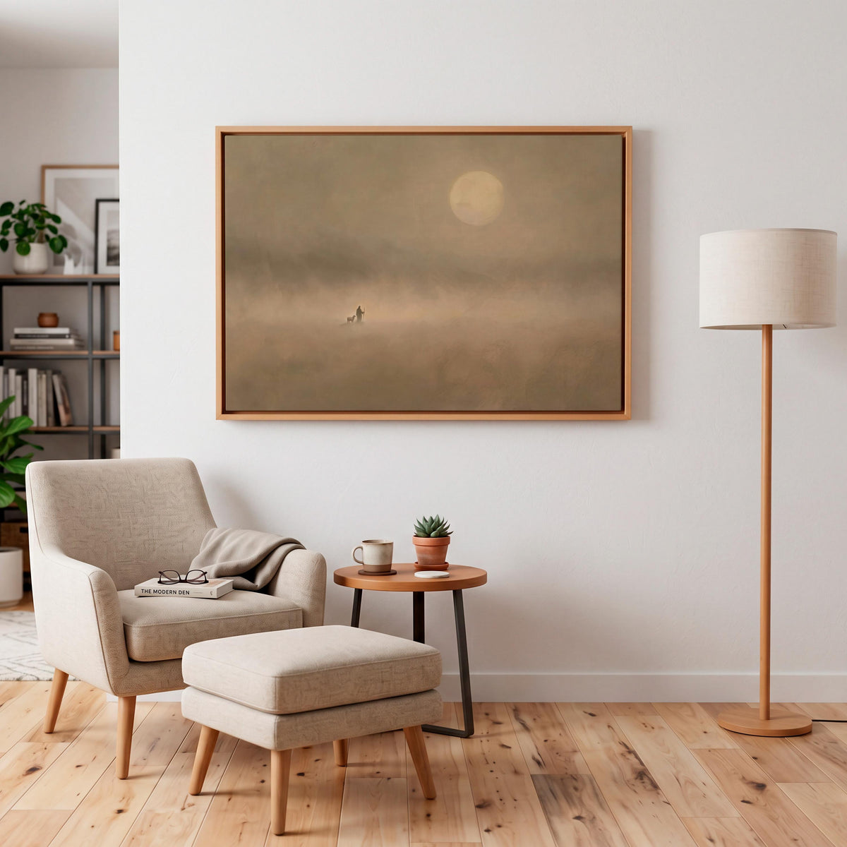 Jesus And Sheep Wall Art, Large Framed Minimalist Christian Canvas Print, Pastoral Abstract Landscape In Soft Neutrals C