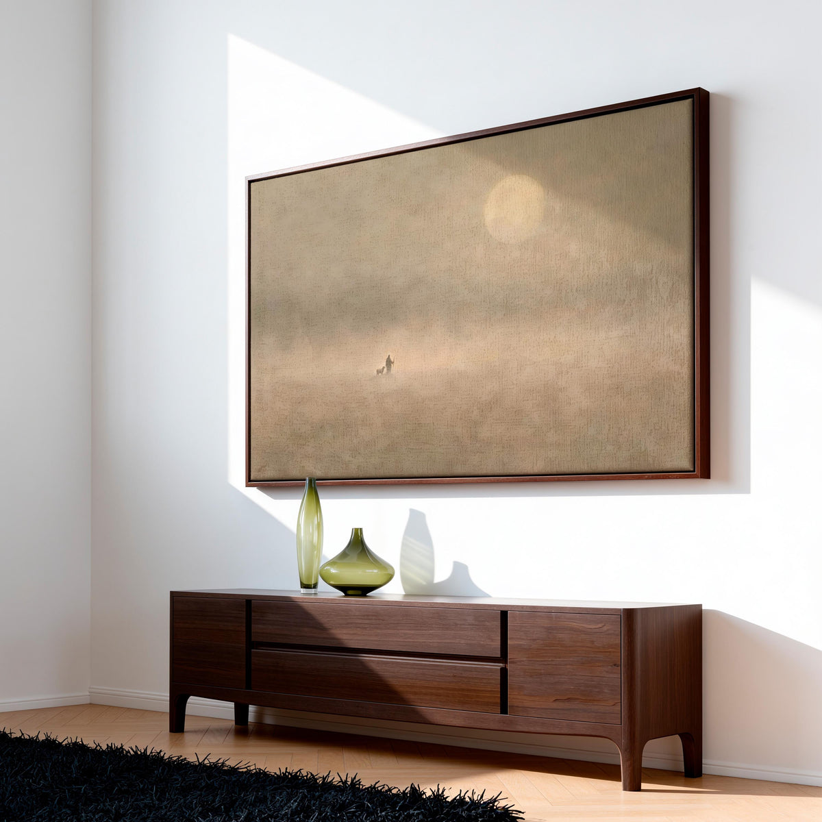 Jesus And Sheep Wall Art, Large Framed Minimalist Christian Canvas Print, Pastoral Abstract Landscape In Soft Neutrals C