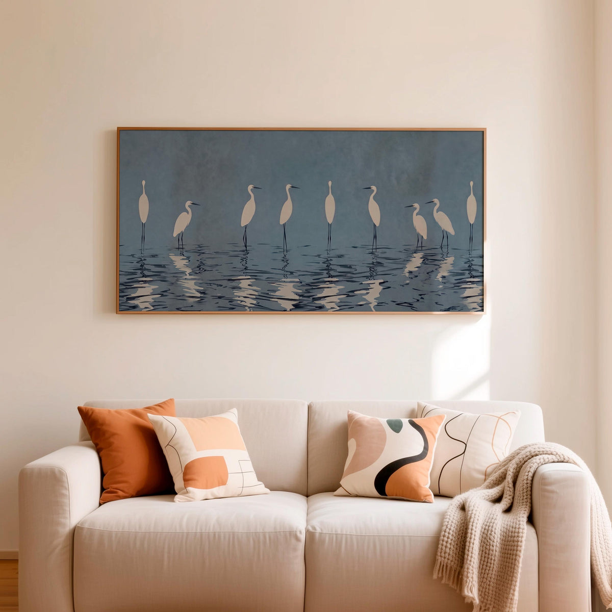 Minimalist Crane Framed Canvas Print, Large Vertical Heron Wall Art for Living Room, Gray Blue Bird Decor,  ART47