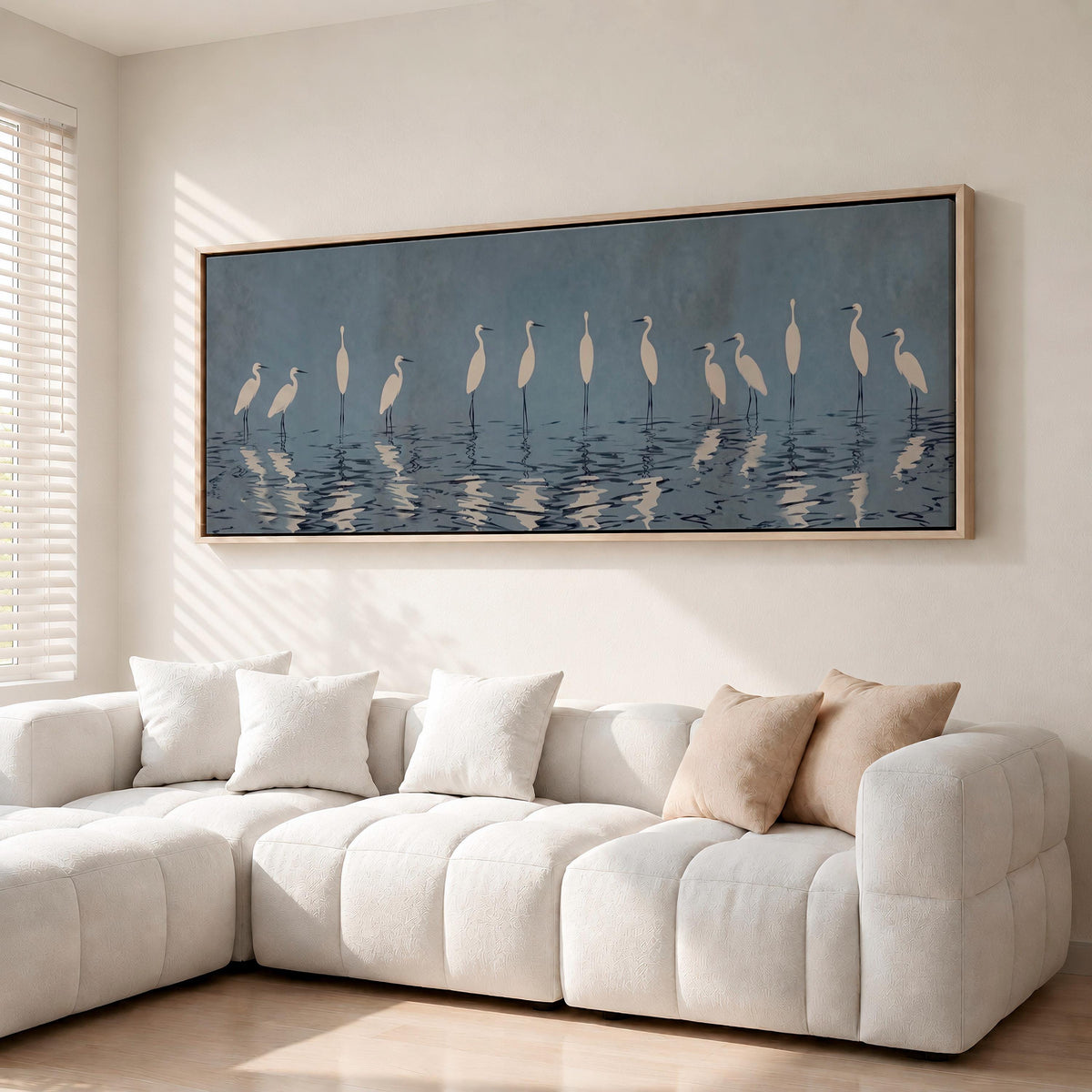 Minimalist Crane Framed Canvas Print, Large Vertical Heron Wall Art for Living Room, Gray Blue Bird Decor,  ART47