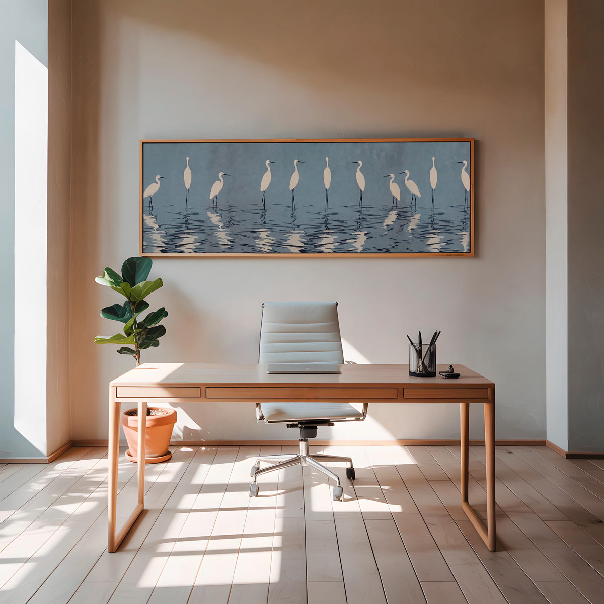 Minimalist Crane Framed Canvas Print, Large Vertical Heron Wall Art for Living Room, Gray Blue Bird Decor,  ART47