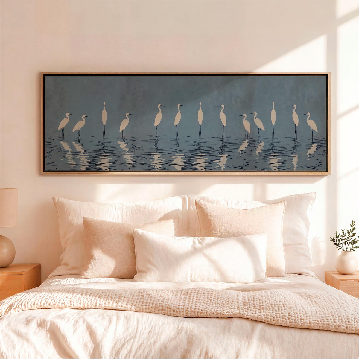 Minimalist Crane Framed Canvas Print, Large Vertical Heron Wall Art for Living Room, Gray Blue Bird Decor,  ART47