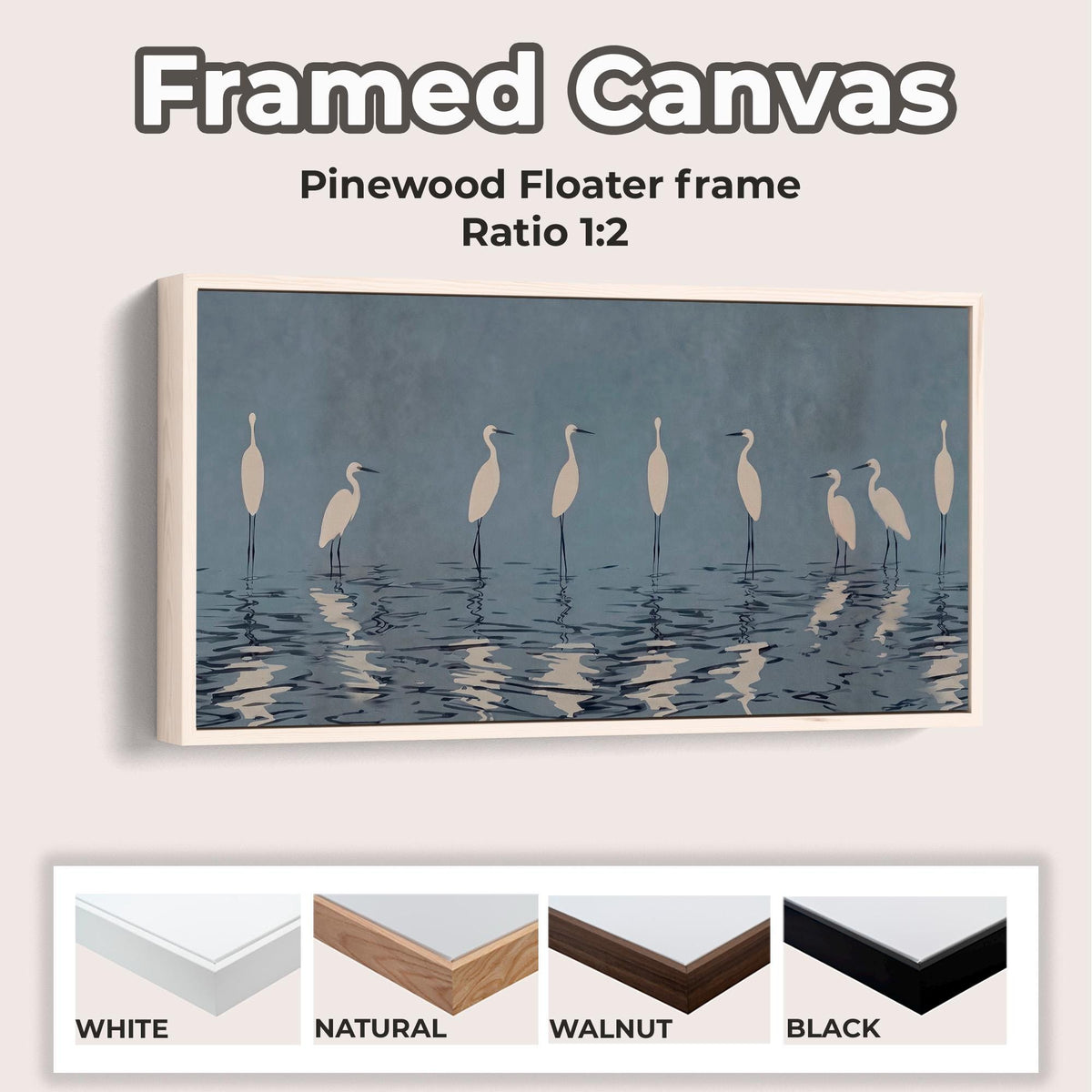 Minimalist Crane Framed Canvas Print, Large Vertical Heron Wall Art for Living Room, Gray Blue Bird Decor,  ART47