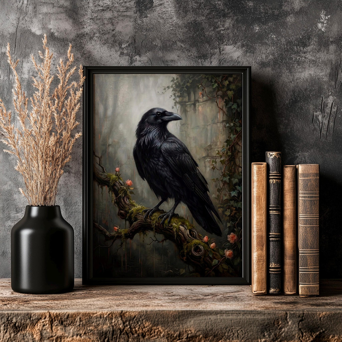 Raven on Branch Canvas Poster, Dark Academia Wall Art, Gothic Crow Print, Moody Black Bird Decor for Bedroom and Office 