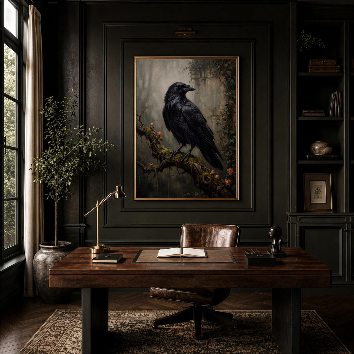 Raven on Branch Canvas Poster, Dark Academia Wall Art, Gothic Crow Print, Moody Black Bird Decor for Bedroom and Office 