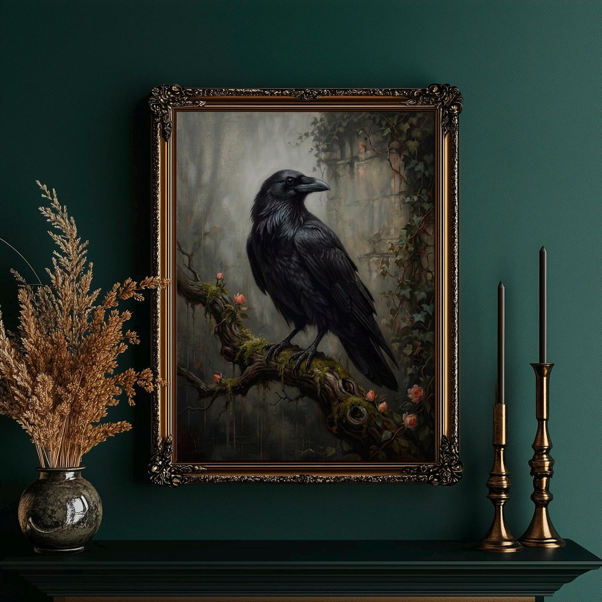 Raven on Branch Canvas Poster, Dark Academia Wall Art, Gothic Crow Print, Moody Black Bird Decor for Bedroom and Office 