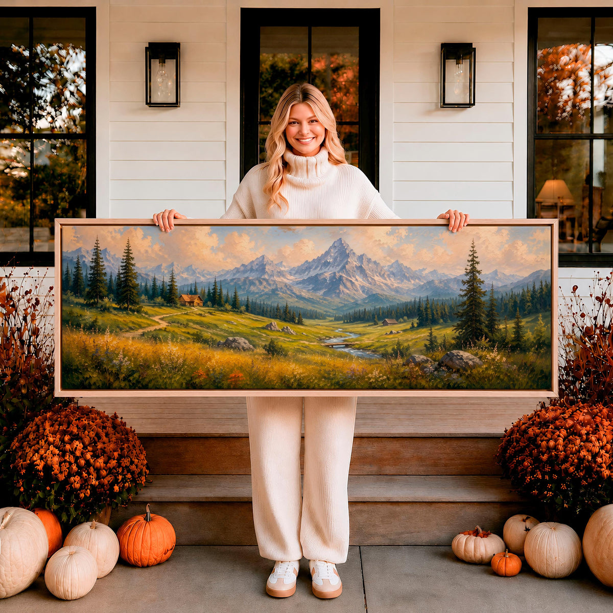 Mountain Wildflower Wall Art, Large Horizontal Framed Canvas Print for Bedroom, Vintage Washington Landscape,  ART547