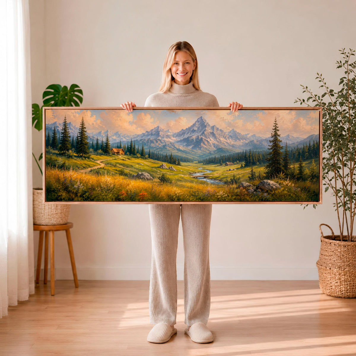 Mountain Wildflower Wall Art, Large Horizontal Framed Canvas Print for Bedroom, Vintage Washington Landscape,  ART547