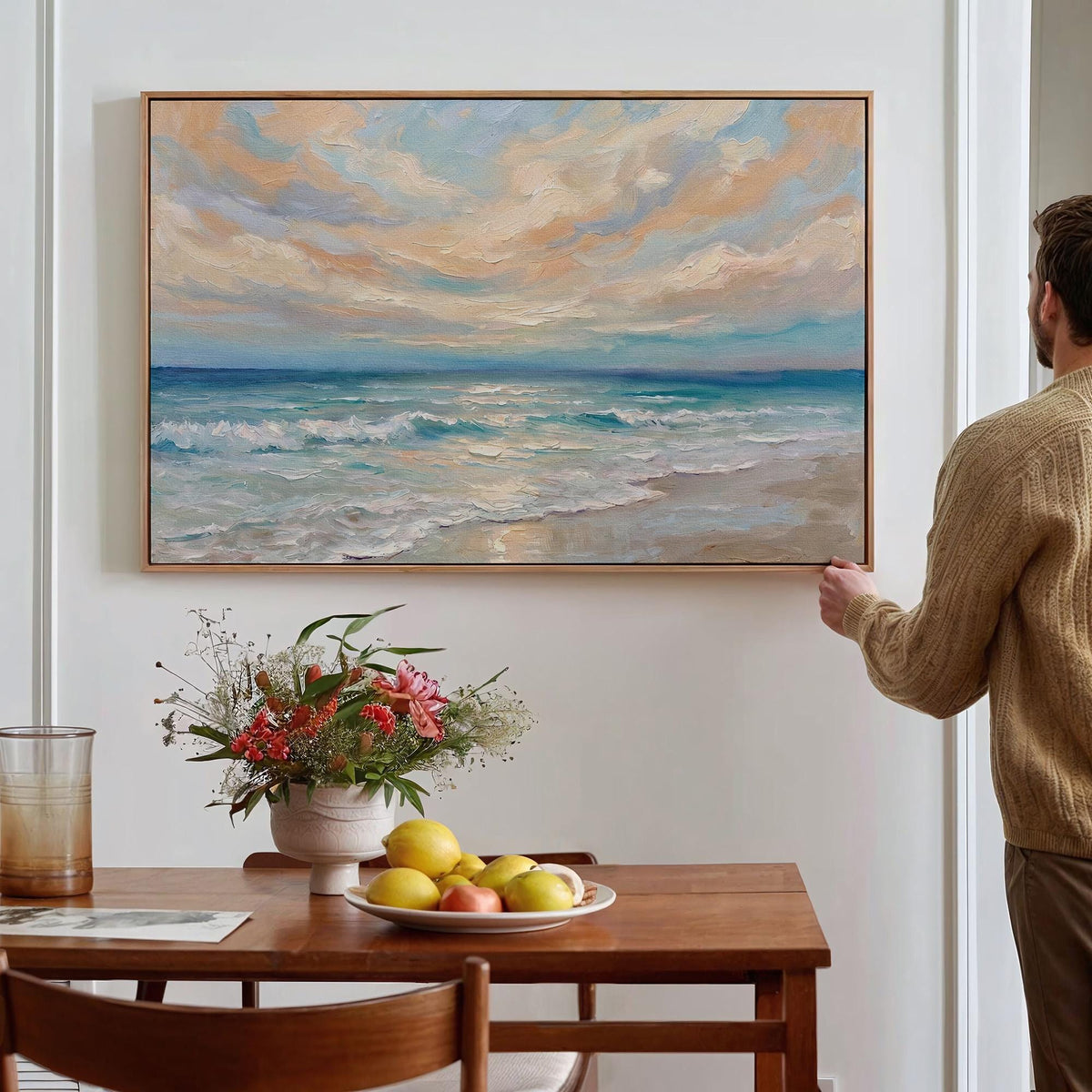 Framed Coastal Canvas Art, Ocean Oil Painting Print, Blue Wave Landscape Wall Decor for Beach House Living Room, ART190-